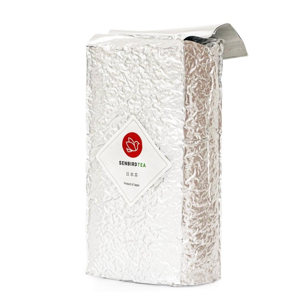 A sealed packed bag of a 1kg family size bag of Japanese Fukamushi Sencha Deep Steamed Green Tea Side View