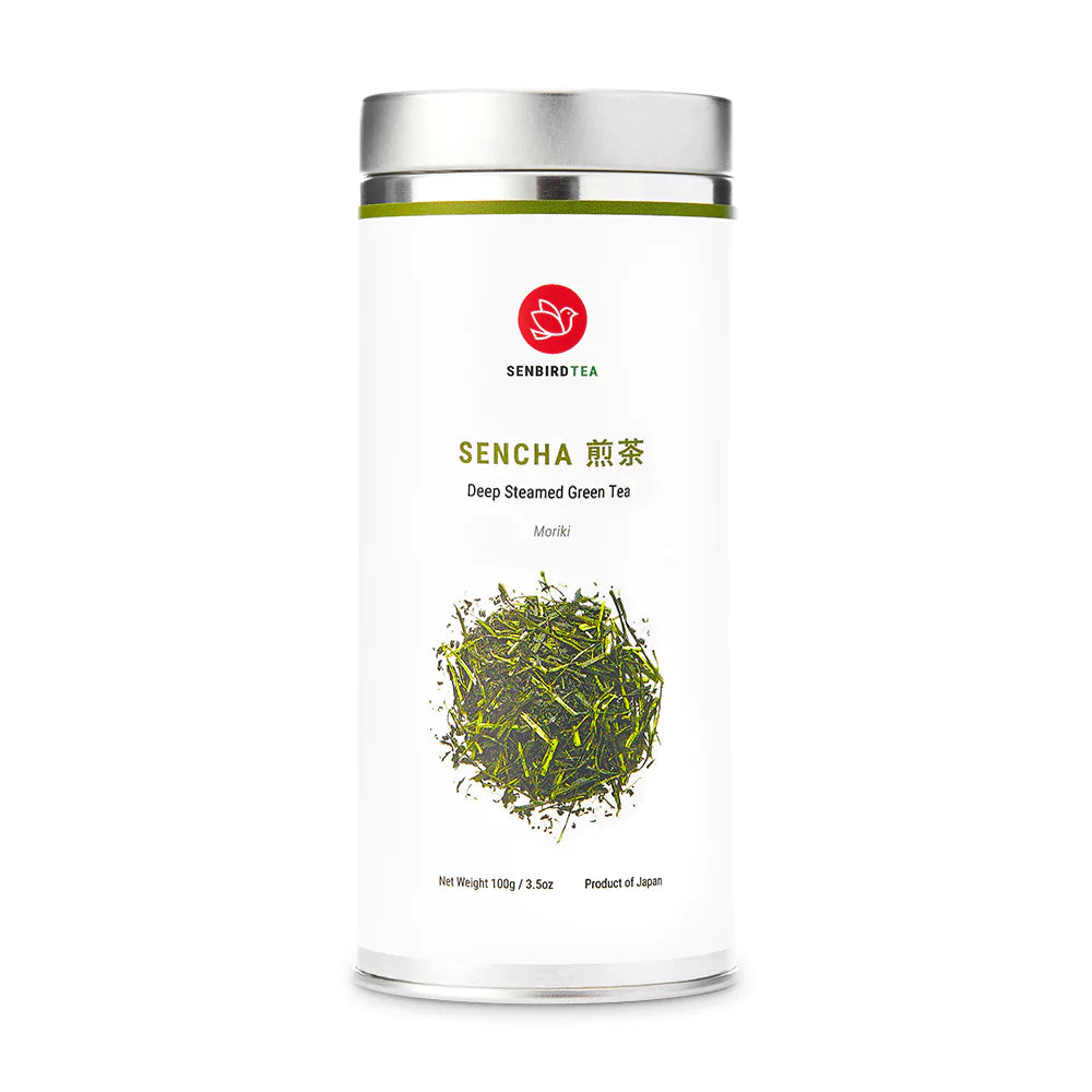 Fukamushi Sencha Japanese deep steamed green tea canister with Senbird Tea brand logo on a white background