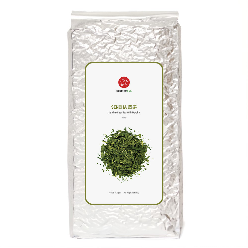 Senbird Sencha with Matcha Hime family size Japanese green tea blend in silver bulk pouch 200g