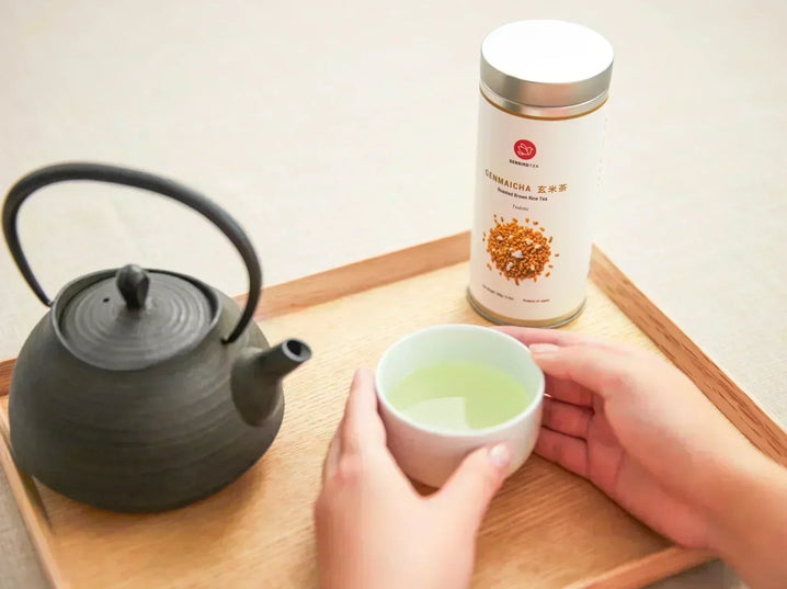 Genmaicha brown rice tea with traditional Japanese tea setting