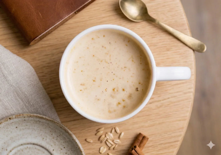 Top-down view of a creamy hot sobacha buckwheat latte in a white mug with cinnamon sticks and buckwheat kernels on a wooden board