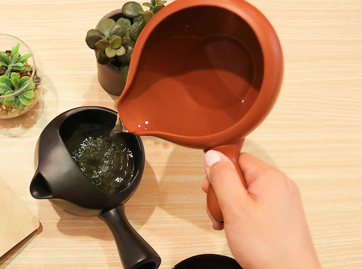 Hand pouring cooled water from a red yuzamashi into a black kyusu teapot containing green tea leaves on a warm wooden table with succulents in the background