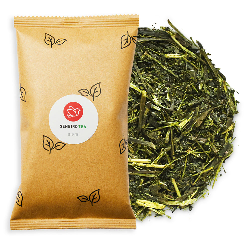 Fukamushi Sencha Japanese deep steamed green tea, loose tea in refill pouch with Senbird Tea logo