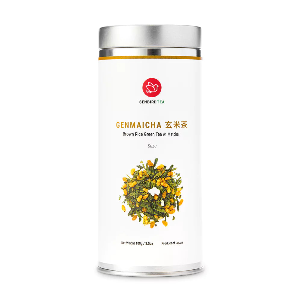 Genmaicha Japanese brown rice green tea with matcha, airtight  tea canister with Senbird Tea brand logo on a white background