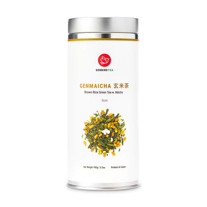 Genmaicha Japanese brown rice green tea with matcha, airtight  tea canister with Senbird Tea brand logo on a white background