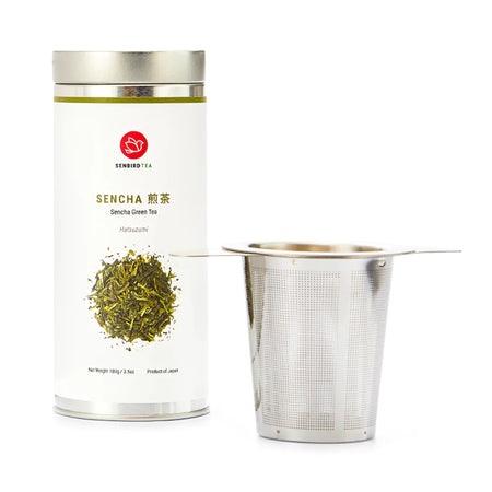 Sencha Infuser Set contents with Sencha Hatsuzumi Japanese green tea canister and reusable stainless steel tea infuser