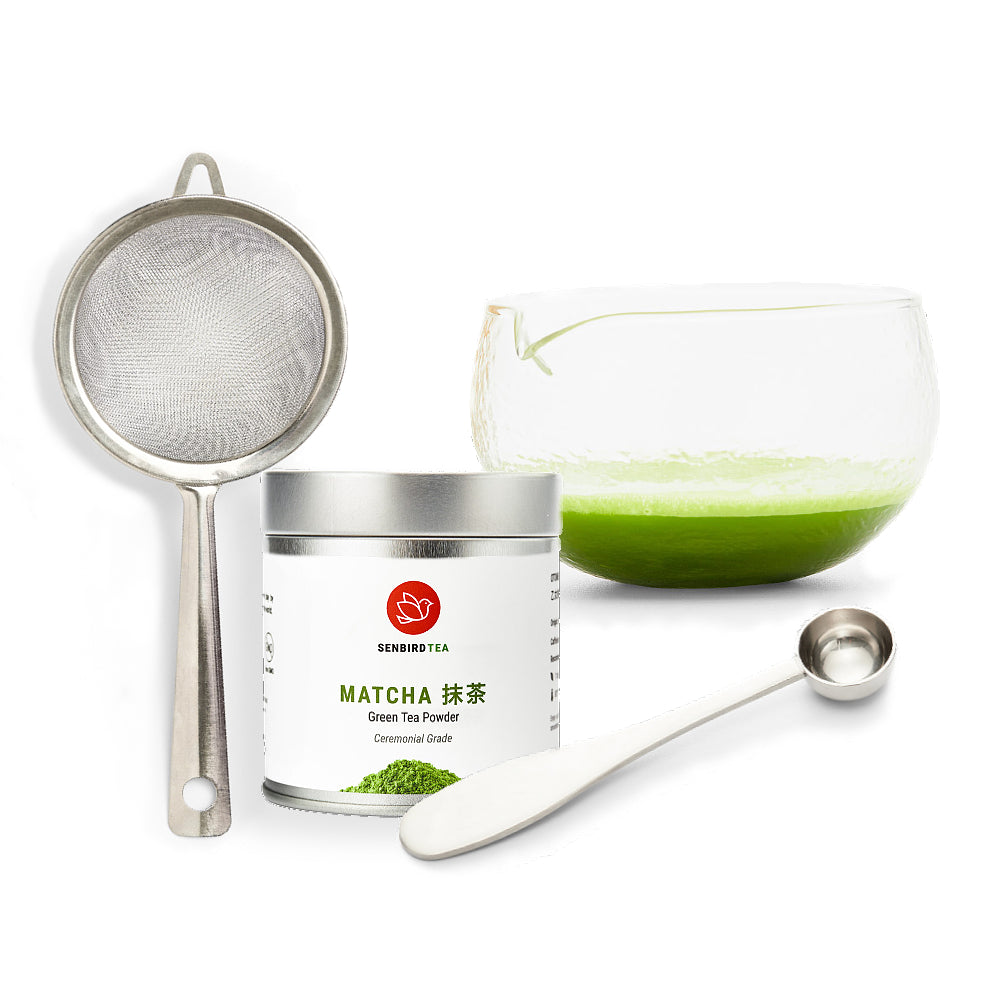 Senbird Modern Matcha Set bundle with mesh sifter, matcha bowl chawan, stainless steel matcha spoon and ceremonial green tea powder from japan
