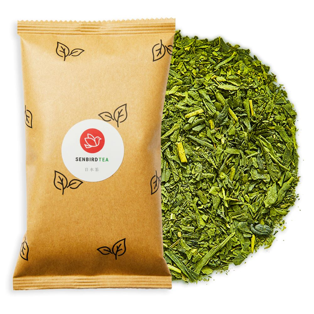 sencha_hime_classic_sencha_with_matcha_green_tea_loose_leaf_tea_pile_with_refill_pouch