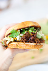 Easy Macro-Friendly pulled pork sandwich with cilantro lime apple slaw
