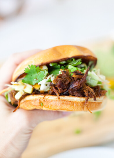 Easy Macro-Friendly pulled pork sandwich with cilantro lime apple slaw