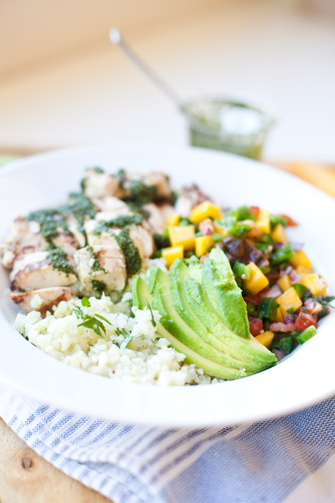 Lightened Up Chimichurri on cauliflower rice bowl lillieeatsandtells.com