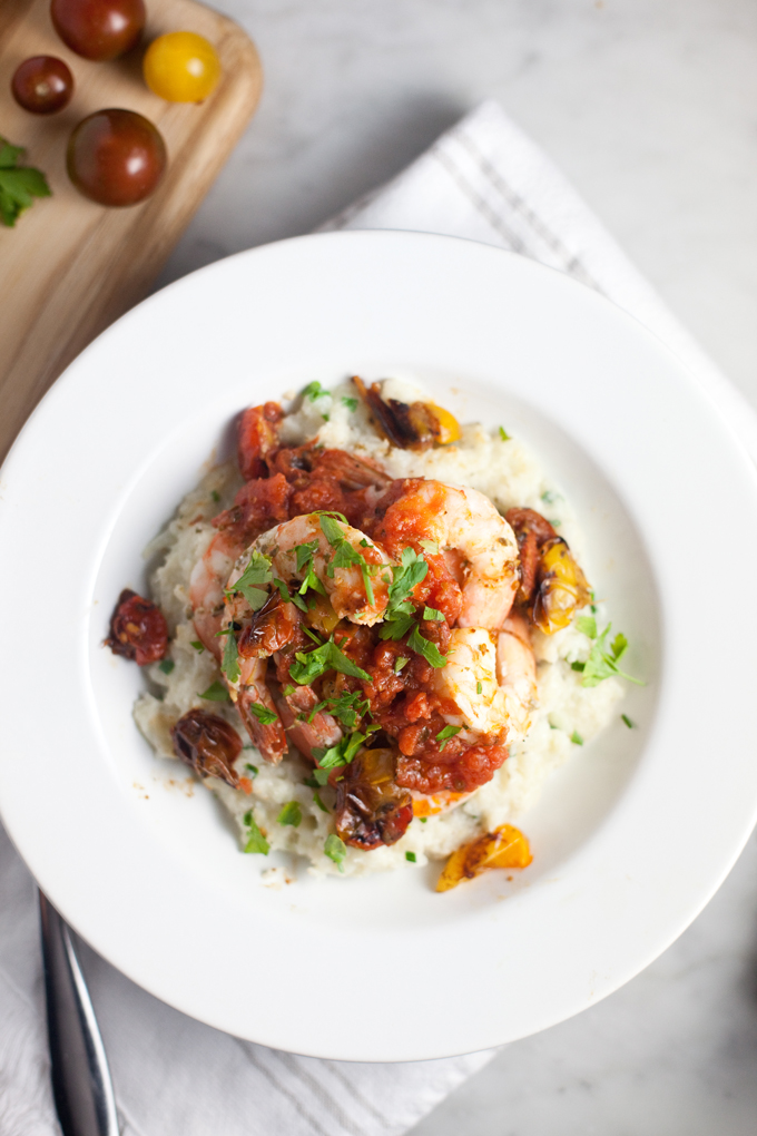 on Shrimp with Burst Tomatoes and Mashed Cauliflower