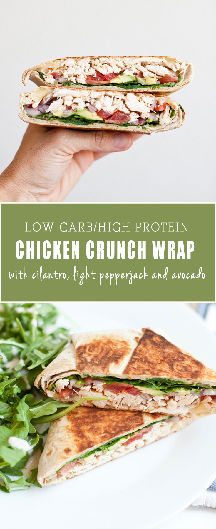 A hand holds a halved Low-Carb High Protein Chicken Pepperjack Crunch Wrap filled with chicken, greens, and tomato. Below, two wrap halves are plated with greens. Text reads: Low Carb/High Protein Chicken Crunch Wrap with cilantro, light pepperjack and avocado.