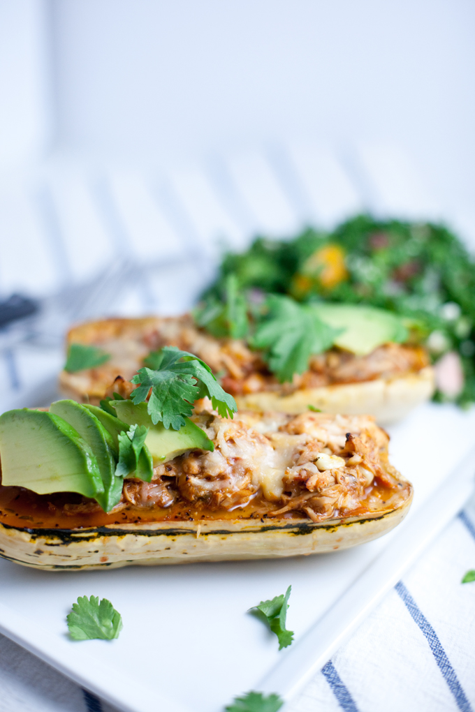 Maple Roasted Stuffed Delicata Squash with leftover chicken chili www.lillieeatsandtells.com