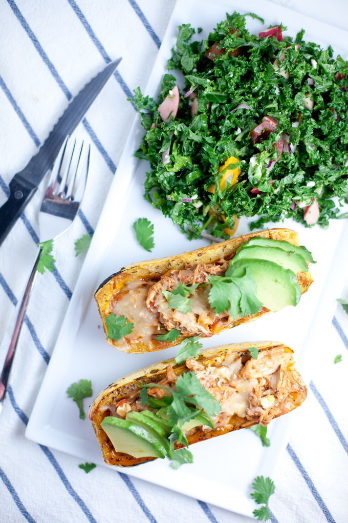 Maple Roasted Stuffed Delicata Squash with leftover chicken chili www.lillieeatsandtells.com