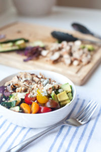Macro- friendly rainbow bowl with roasted veggies and blue cheese www.lillieeatsandtells.com