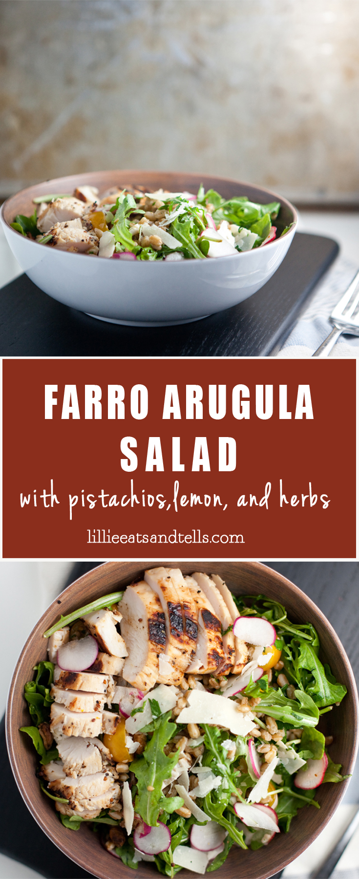 A bowl of Arugula Salad with Lemon and Herbs featuring tender farro, topped with grilled chicken, pistachios, radishes, and a medley of fresh herbs, set on a dark placemat with a fork and knife beside it. Text overlay names ingredients and website.