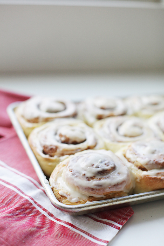 Cinnamon rolls baked in 9x13 pan and topped with glaze.