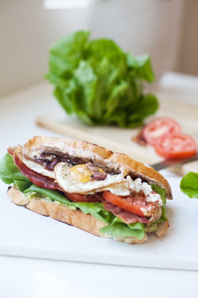 Fried egg blt with chipotle mayo cooked and served on a plate.
