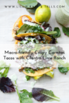 Three crispy carnitas tacos topped with leafy greens and drizzled cilantro lime ranch are artfully displayed on a white surface, surrounded by fresh mixed greens, a lime, and a partial green sauce jar. Website and carnitas tacos title text overlay the image.