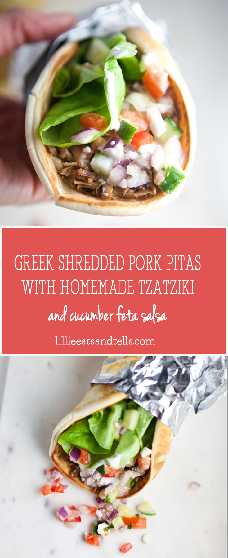 Greek Pitas with Shredded Pork and Cucumber Feta Salsa www.lillieeatsandtells.com