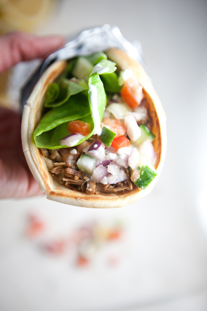 Greek Pitas with Shredded Pork and Cucumber Feta Salsa www.lillieeatsandtells.com