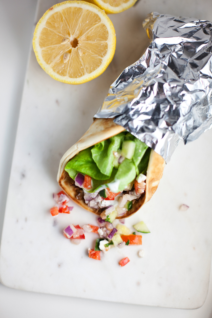 Greek Pitas with Shredded Pork and Cucumber Feta Salsa www.lillieeatsandtells.com