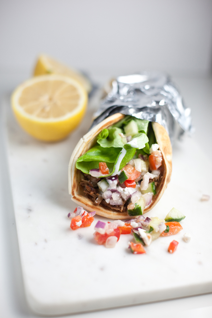Greek Pitas with Shredded Pork and Cucumber Feta Salsa www.lillieeatsandtells.com