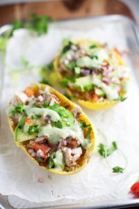 Mexican Spaghetti Squash Boats with Skinny Cilantro Lime Ranch www.lillieeatsandtells.com