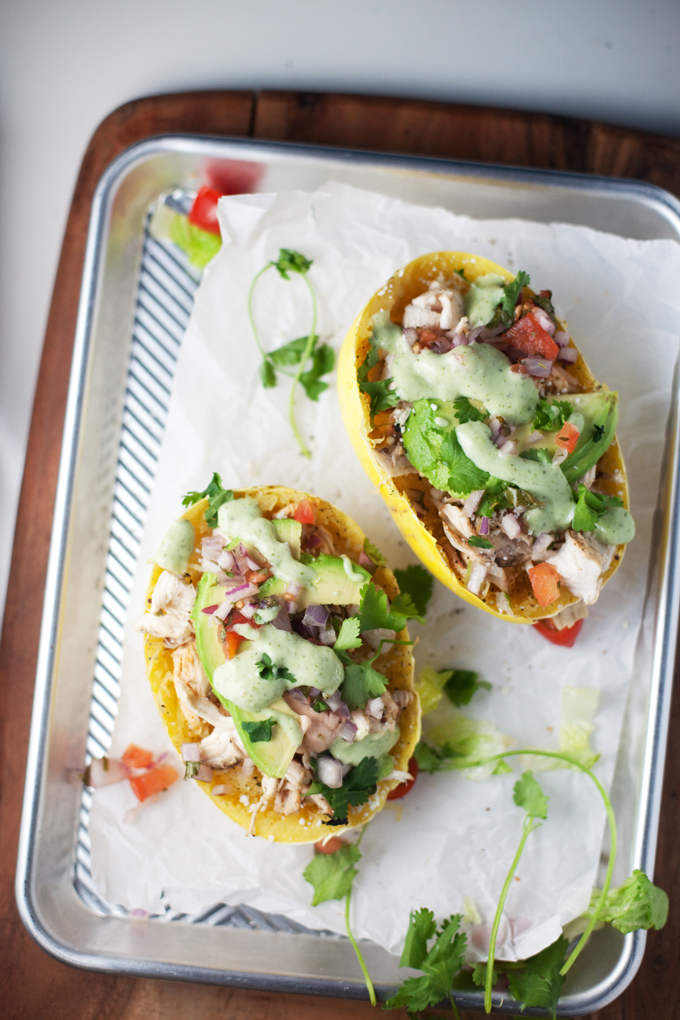 Mexican Spaghetti Squash Boats with Skinny Cilantro Lime Ranch www.lillieeatsandtells.com