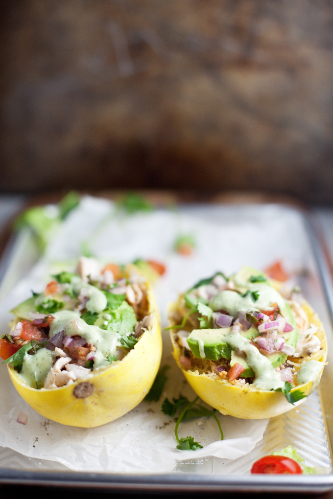 Mexican Spaghetti Squash Boats with Skinny Cilantro Lime Ranch www.lillieeatsandtells.com