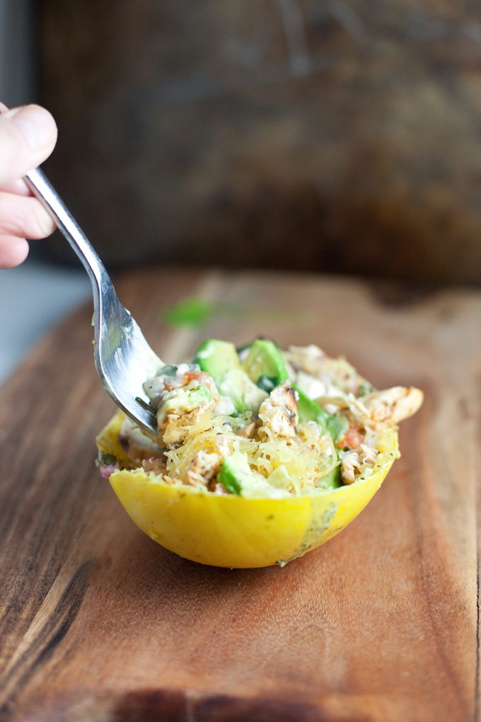 Mexican Spaghetti Squash Boats with Skinny Cilantro Lime Ranch www.lillieeatsandtells.com