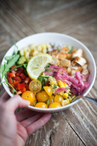 Arugula Pasta Summer Salad with Panko Crusted Chicken www.lillieeatsandtells.com #healthy #skinny #macrofriendly #summersalad #pastasalad #arugulasalad