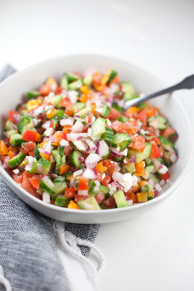 Greek cucumber feta salsa in bowl.