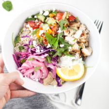 Mediterranean Grain bowl in white bowl.