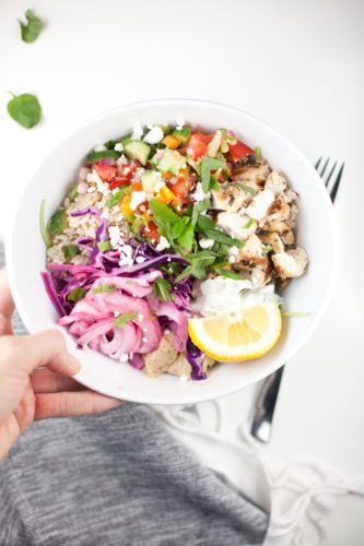 Mediterranean Grain bowl in white bowl.