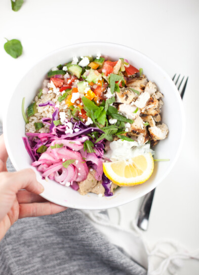 Mediterranean Grain bowl in white bowl.