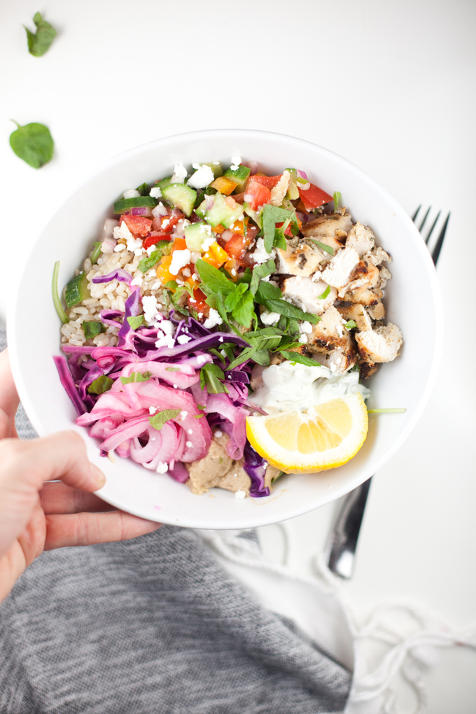 Mediterranean Grain bowl in white bowl.