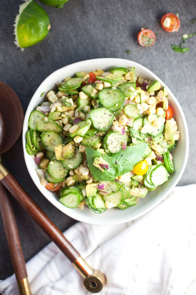 Perfect for a barbecue! One of my favorite non-leafy side salads. Cucumber Corn Summer Salad #macrofriendly #healthy #cookinglight www.lillieeatsandtells.com