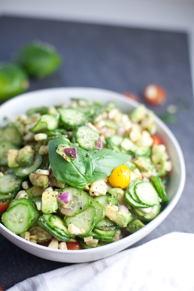 Perfect for a barbecue! One of my favorite non-leafy side salads. Cucumber Corn Summer Salad #macrofriendly #healthy #cookinglight www.lillieeatsandtells.com
