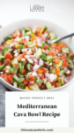 Close up of Greek salsa for Cava bowl with text overlay, "Mediterranean Cava Bowl Recipe."