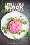A white plate with a burger topped with tomato, super quick pickled onions, and arugula. Text above reads Easiest Ever Super Quick Pickled Onions. Scattered arugula leaves surround the plate.