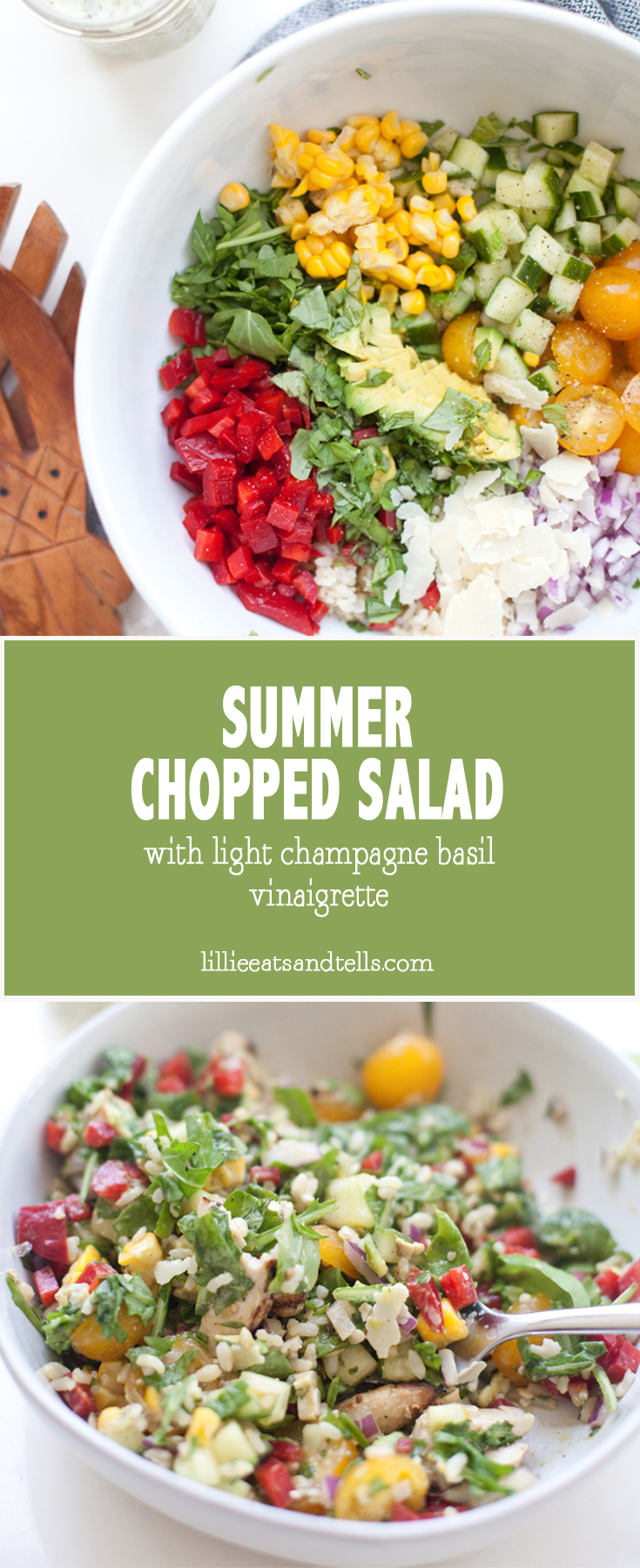 summer chopped salad with light champagne basil vinaigrette #macrofriendly #bigsalad #choppedsalad #healthy www.lillieeatsandtells.com