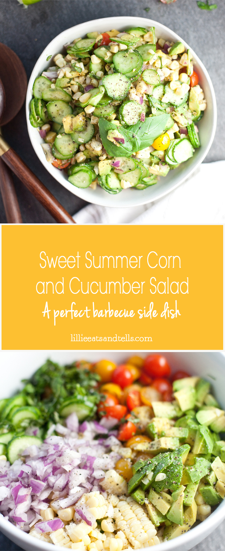 Perfect for a barbecue! One of my favorite non-leafy side salads. Cucumber Corn Summer Salad #macrofriendly #healthy #cookinglight www.lillieeatsandtells.com