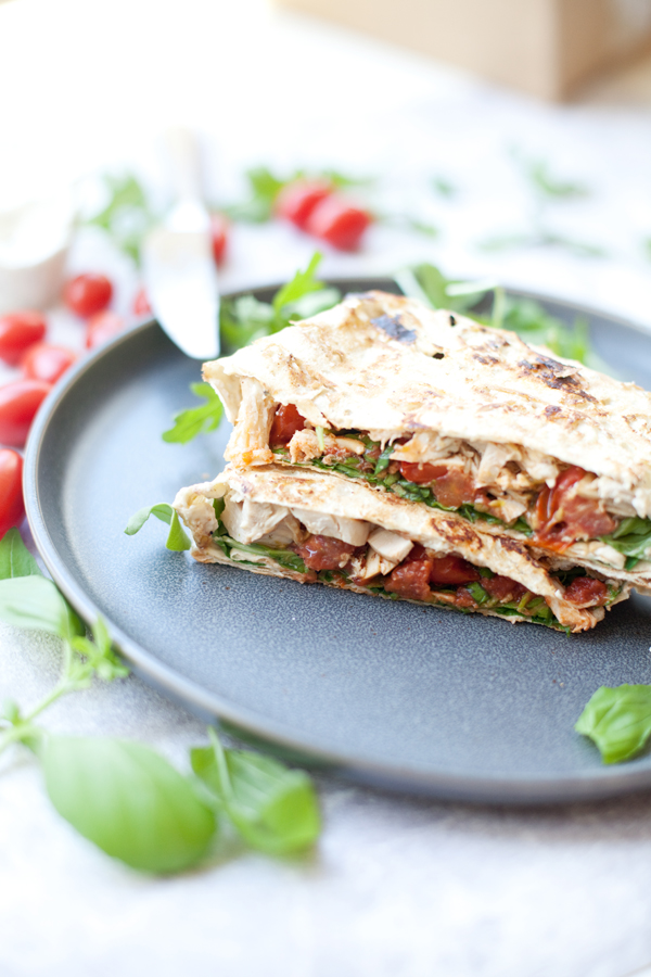 Blistered Tomato Basil Rotisserie Chicken Crunch Wrap www.lillieeatsandtells.com #macrofriendly #macrofriendlyrecipes #cookinglight #healthyrecipes