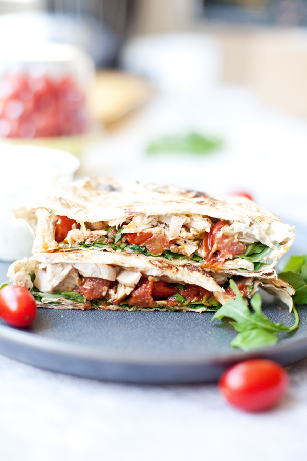 Blistered Tomato Basil Rotisserie Chicken Crunch Wrap www.lillieeatsandtells.com #macrofriendly #macrofriendlyrecipes #cookinglight #healthyrecipes