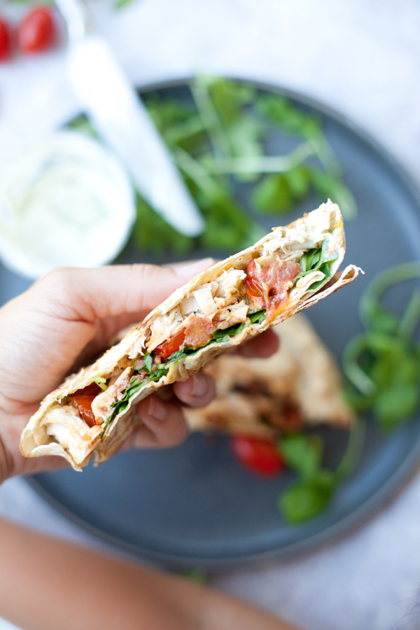 Blistered Tomato Basil Rotisserie Chicken Crunch Wrap www.lillieeatsandtells.com #macrofriendly #macrofriendlyrecipes #cookinglight #healthyrecipes