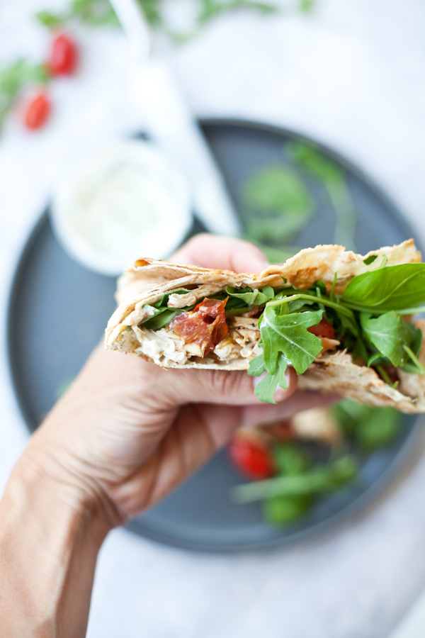 Blistered Tomato Basil Rotisserie Chicken Crunch Wrap www.lillieeatsandtells.com #macrofriendly #macrofriendlyrecipes #cookinglight #healthyrecipes