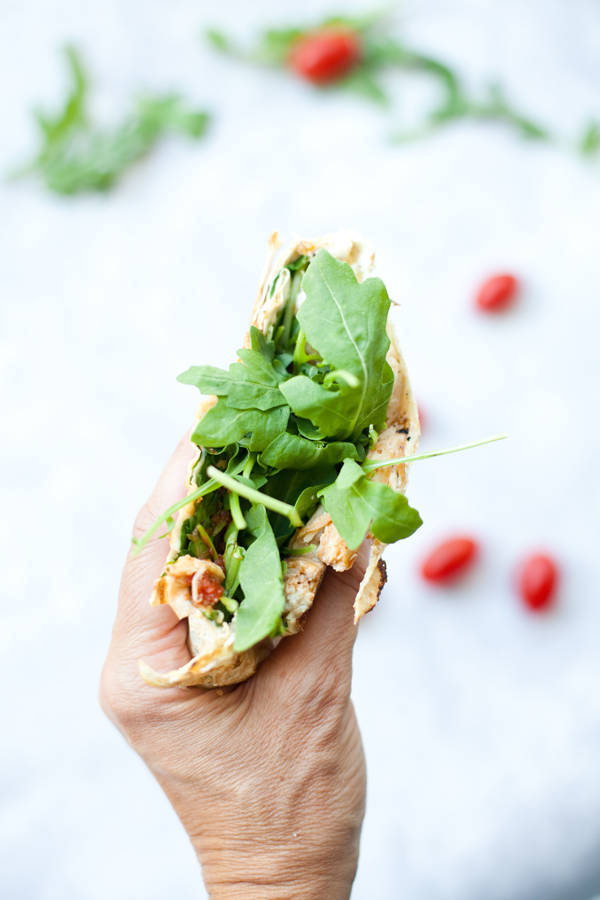 Blistered Tomato Basil Rotisserie Chicken Crunch Wrap www.lillieeatsandtells.com #macrofriendly #macrofriendlyrecipes #cookinglight #healthyrecipes