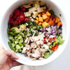 My Favorite Veggie and Peach Chopped Salad www.lillieeatsandtells.com #macrofriendly #macrofriendlyrecipes #healthyrecipes #choppedsalads #weightwatchersrecipes